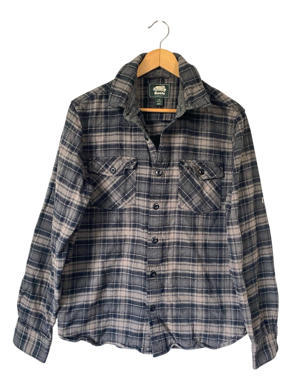 Roots Canada Manning Plaid Flannel Button Up Shirt Gray Black Large